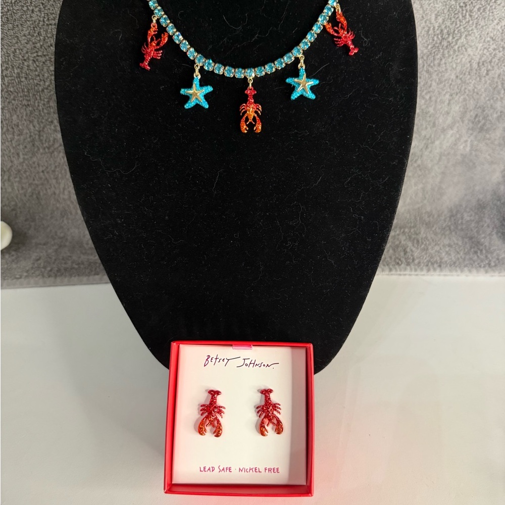 🦞Betsey Johnson Mermaid Crystal Lobster Necklace and Earring Set